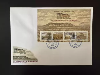 Südsudan 2026 Bl. FDC ND 15. Jahrestag Unabhängigkeit Flagge Fauna Sport