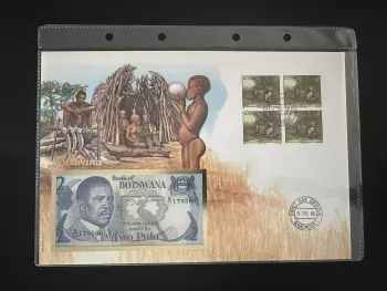 Botswana Numismatischer FDC-Umschlag 2 Pula Banknote Briefmarkenblock 1992