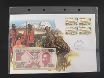 Tansania Numismatischer Umschlag 1998 50 Shilingi Schein Leopard
