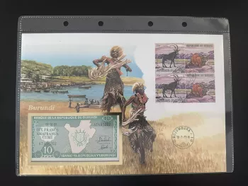 Burundi Numismatischer Umschlag Fauna Briefmarken 10 Francs Banknote 1991