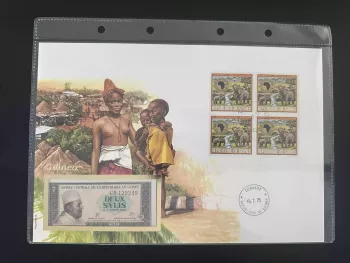 Guinea Numismatik-Umschlag 2 Sylis Banknote Briefmarken Elefanten 1975