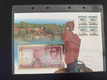 Gambia Numismatikbrief 5 Dalasis Vögel-Briefmarken Banjul 1997