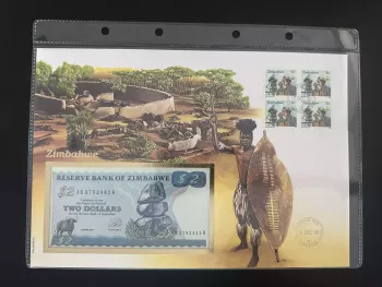 Simbabwe numismatischer Umschlag 2 Dollar Banknote Briefmarken 5c 1996