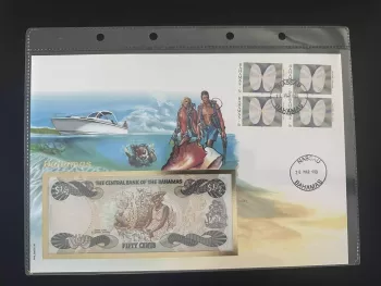 Bahamas FDC Numismatischer Umschlag 50 Cent Schein Block 4 Nassau 1999