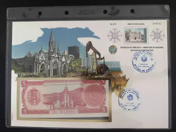 Venezuela numismatic envelope 5 Bolivares banknote architecture block