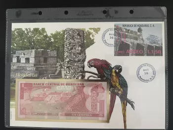 Honduras numismatic envelope 1 Lempira banknote stamp Philswiss
