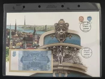 Lettonie enveloppe numismatique Philswiss 1992 billet 5 Rubli Riga