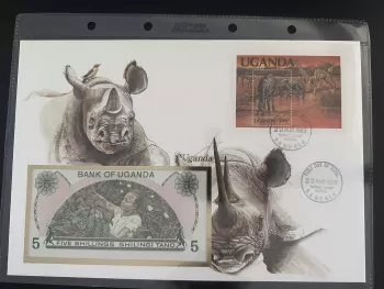 Uganda 1983 FDC Block Fauna Nashörner Zebras 5-Shilling-Schein