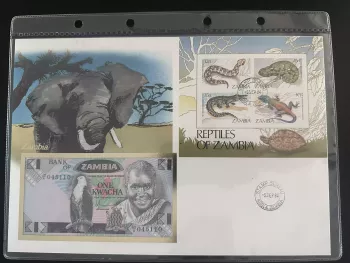 Sambia 1984 Reptilien Block FDC gestempelt Ndola 1 Kwacha Schein
