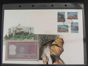 Inde enveloppe numismatique billet 2 roupies timbres forts 1986
