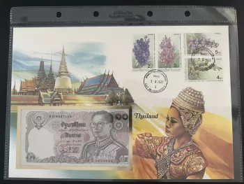 Thaïlande enveloppe numismatique billet 10 Baht timbres orchidées 1988