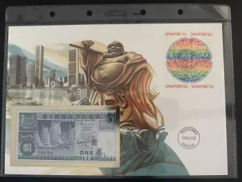 Singapore 1988 numismatic envelope 1 dollar banknote mint stamps