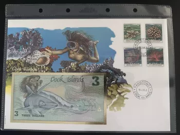 Cook Islands 1989 numismatic envelope 3 dollars banknote corals