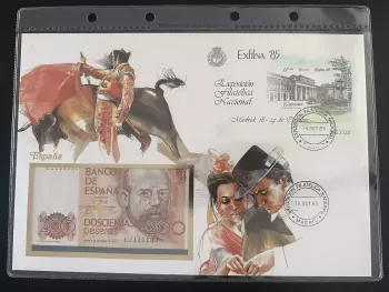 Spain Exfilna 85 Madrid numismatic cover 200 pesetas banknote
