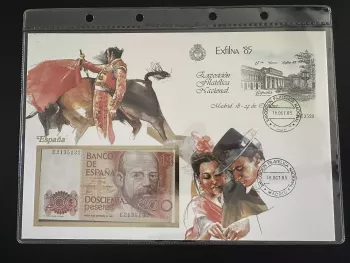 Espagne Exfilna 85 Madrid enveloppe philatélique billet 200 pesetas