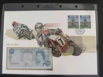 Isle of Man TT numismatischer Umschlag 50p Banknote Wikinger 15p Briefmarken