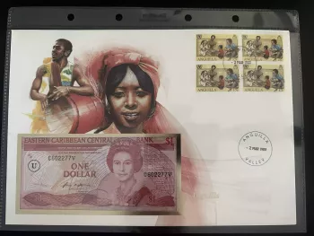 Anguilla 1988 Numismatischer Umschlag 1 Dollar Caribbean Banknote