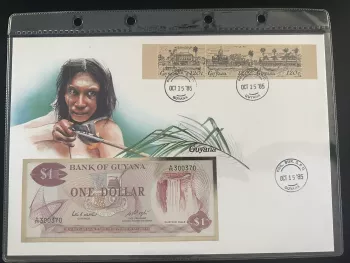 Guyana 1985 numismatic FDC cover 1 dollar banknote 120c stamps