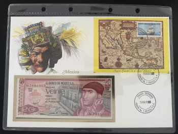 Mexico 1985 numismatic envelope 20 pesos banknote block card
