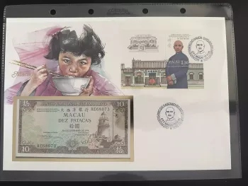 Macao numismatic cover 10 Patacas banknote Sun Yat Sen block 1986