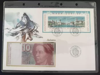 Suisse enveloppe numismatique NABA Züri 84 bloc oblitéré billet 10 Fr
