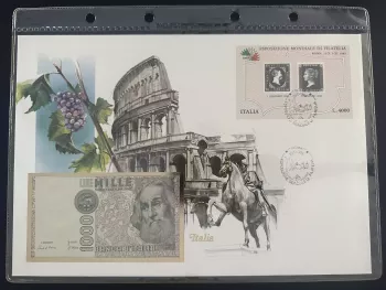 Italy numismatic cover 1000 Lire Expo Filatelia Roma 1985 banknote letter