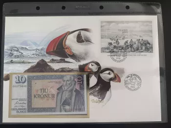 Islande 1986 enveloppe numismatique billet 10 Kronur bloc macareux