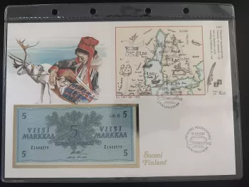 Finlande 1985 FDC Finlandia 88 bloc carte ancienne billet 5 Markkaa