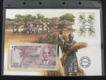 Malawi FDC Philswiss 1988 oiseaux billet 1 Kwacha 1992 numiscover