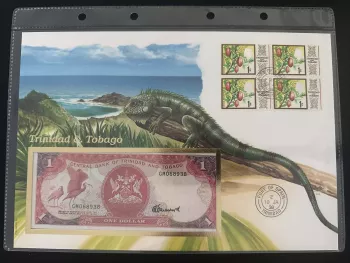 Trinidad Tobago Numismatischer Umschlag 1 Dollar Banknote Briefmarken 1988