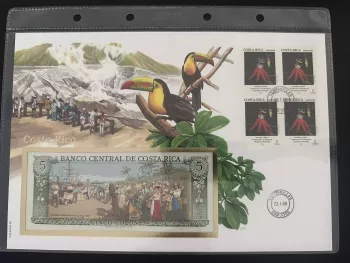 Costa Rica numismatic envelope 5 colones banknote stamps 1996