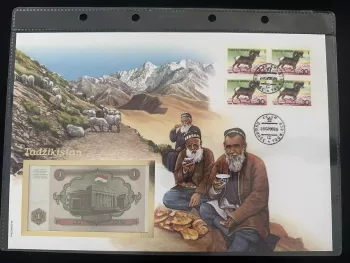 Tajikistan numismatic envelope 1 ruble banknote mouflons stamps
