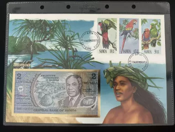 Samoa numismatic cover 2 Tala banknote parrots stamps 1993