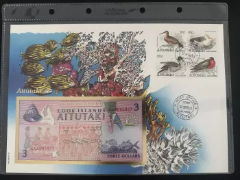 Aitutaki Cook Islands 1993 Philswiss FDC Birds 3 Dollars Banknote