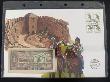 Moldawien numismatischer Umschlag Philswiss 1 Leu Banknote Vogel Briefmarken