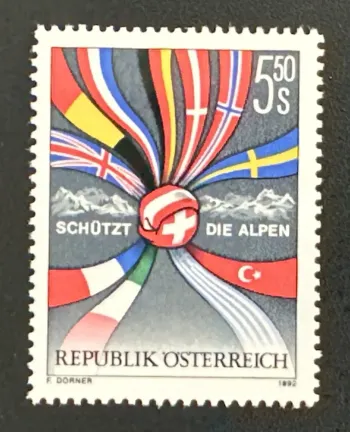 Autriche 1992 Mi. 2065 émission commune protection Alpes drapeaux