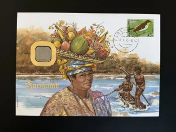 Suriname enveloppe numismatique 1990 timbre oiseau Paramaribo