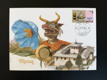 Bhutan enveloppe numismatique Philswiss 1986 Thimphu pièce