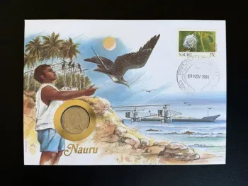 Nauru enveloppe numismatique FDC 1991 timbre 25c fleur Philswiss