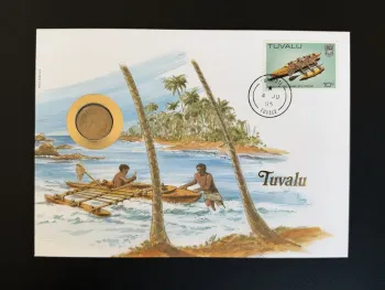 Tuvalu enveloppe numismatique Philswiss 1985 timbre pirogue 10c