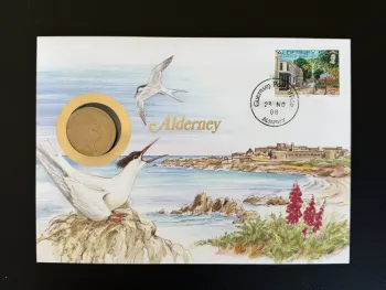 Alderney Guernsey 1988 enveloppe numismatique coin cover oiseaux