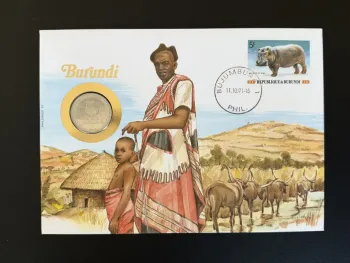 Burundi Numismatikbrief 5 Franken Nilpferd-Briefmarke 1991