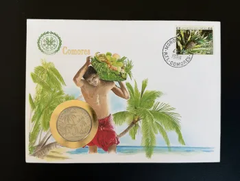 Comores enveloppe numismatique 5 Francs 1984 timbre taxe Moroni 1988
