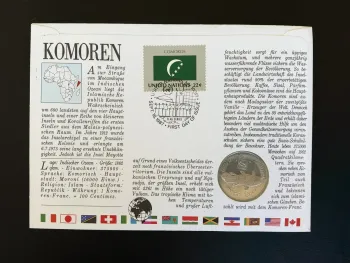 Comores enveloppe numismatique 5 Francs 1984 timbre taxe Moroni 1988