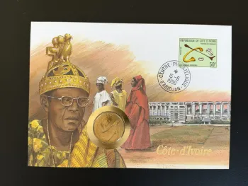 Côte d'Ivoire enveloppe numismatique 1990 timbre 50F Abidjan