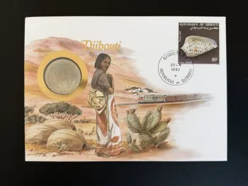 Djibouti enveloppe numismatique 1987 timbre coquillage Conus 30F