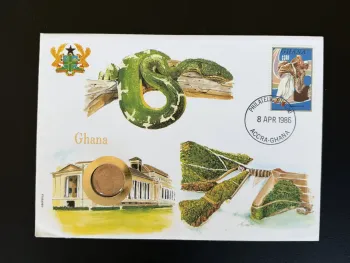 Ghana enveloppe numismatique FDC pièce monnaie 1986 Accra serpent