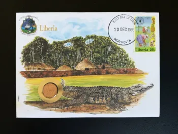 Liberia enveloppe numismatique FDC 1985 Monrovia FAO 25c crocodile