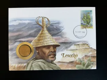 Lesotho 1988 enveloppe numismatique FDC pièce timbre cactus Maseru
