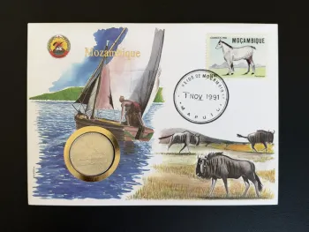 Mozambique enveloppe numismatique 1991 timbre Percheron pièce 20